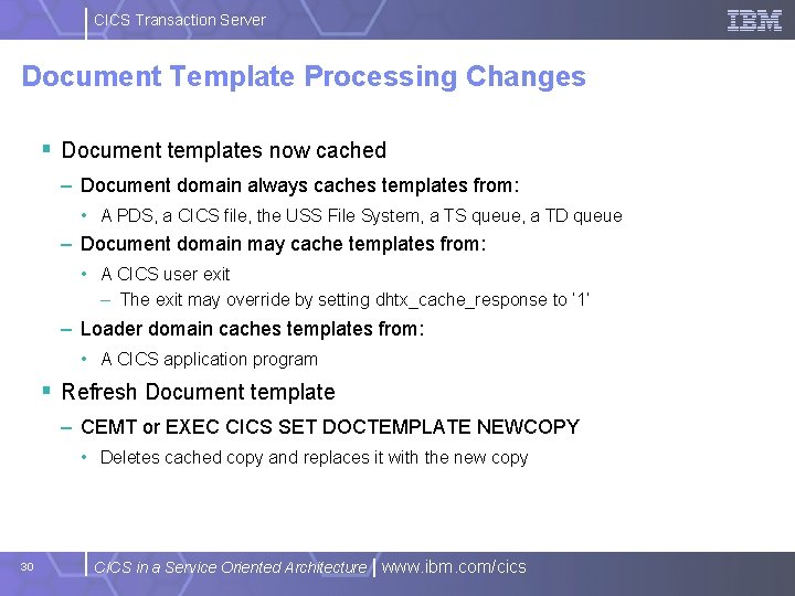 CICS Transaction Server Document Template Processing Changes § Document templates now cached – Document