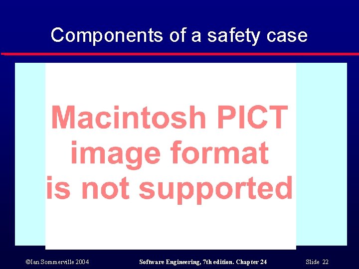 Components of a safety case ©Ian Sommerville 2004 Software Engineering, 7 th edition. Chapter