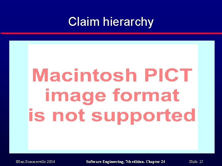 Claim hierarchy ©Ian Sommerville 2004 Software Engineering, 7 th edition. Chapter 24 Slide 25