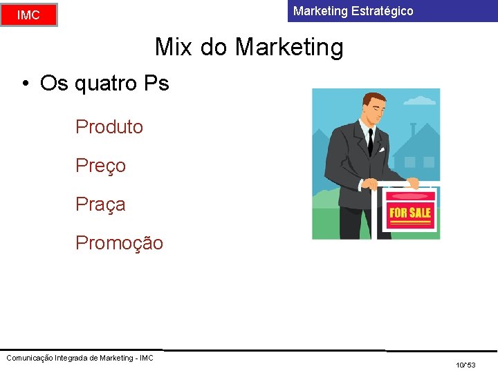 Marketing Estratégico IMC Mix do Marketing • Os quatro Ps Produto Preço Praça Promoção