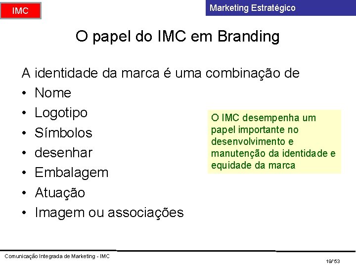 Marketing Estratégico IMC O papel do IMC em Branding A identidade da marca é