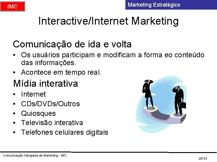 Marketing Estratégico IMC Interactive/Internet Marketing Comunicação de ida e volta • Os usuários participam