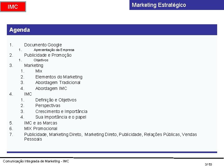 Marketing Estratégico IMC Agenda 1. Documento Google 1. 2. Publicidade e Promoção 1. 3.