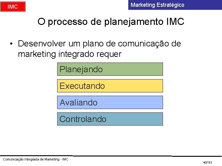 Marketing Estratégico IMC O processo de planejamento IMC • Desenvolver um plano de comunicação