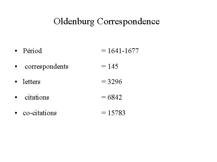 Oldenburg Correspondence • Périod = 1641 -1677 • correspondents = 145 • letters =
