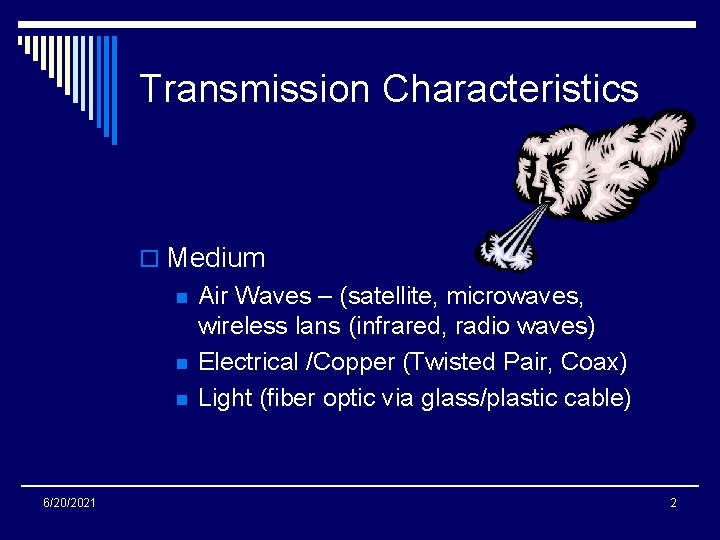 Transmission Characteristics o Medium n n n 6/20/2021 Air Waves – (satellite, microwaves, wireless