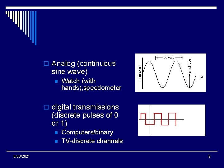o Analog (continuous sine wave) n Watch (with hands), speedometer o digital transmissions (discrete