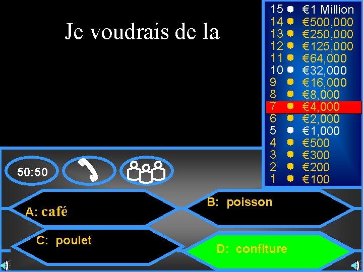 Je voudrais de la 50: 50 A: café C: poulet 15 14 13 12