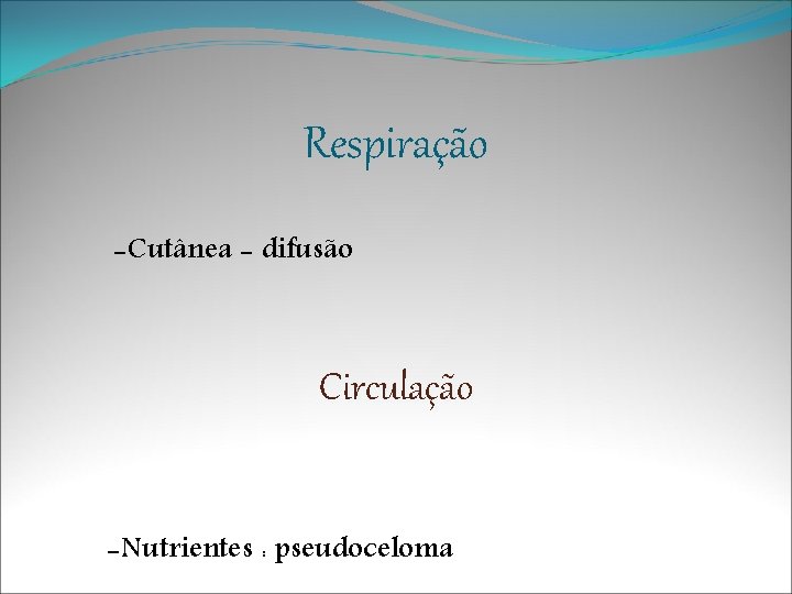 Respiração -Cutânea - difusão Circulação -Nutrientes : pseudoceloma 