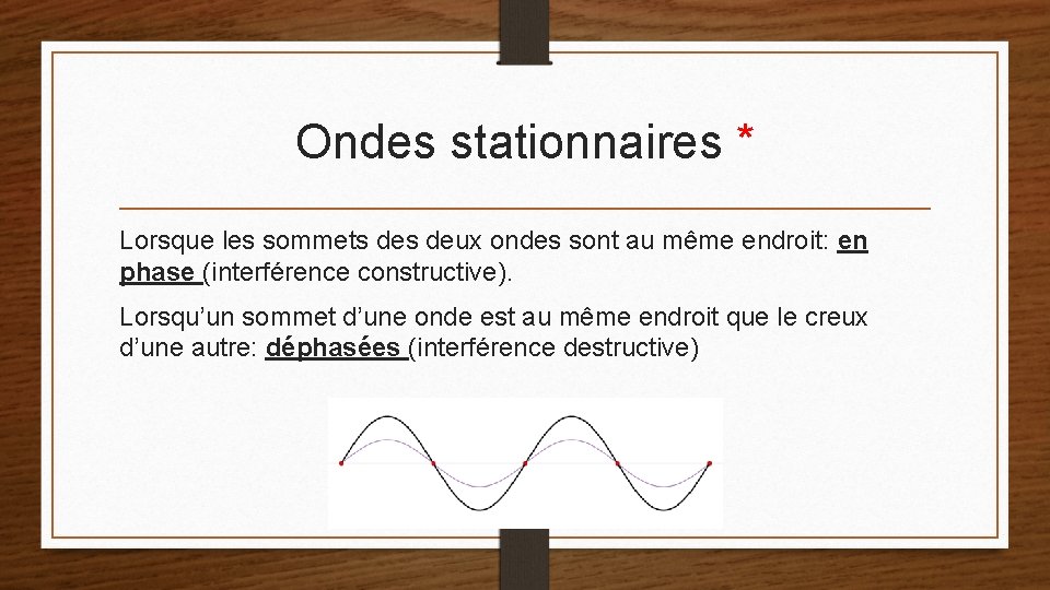 Ondes stationnaires * Lorsque les sommets deux ondes sont au même endroit: en phase