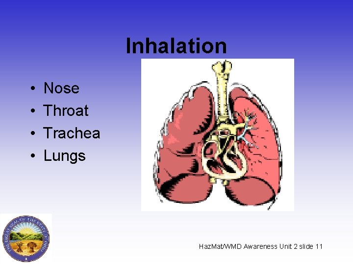 Inhalation • • Nose Throat Trachea Lungs Haz. Mat/WMD Awareness Unit 2 slide 11