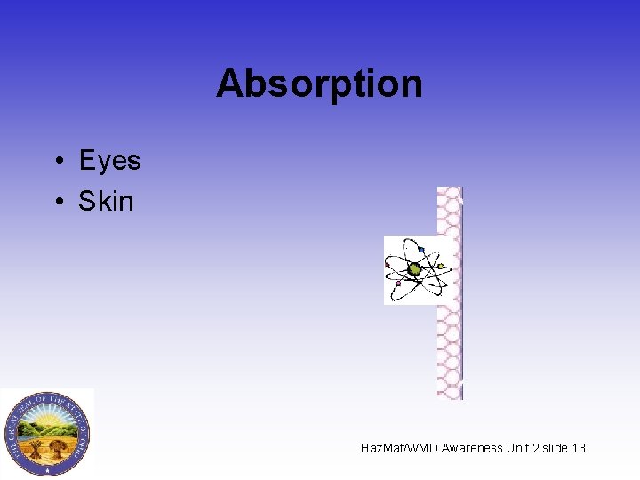 Absorption • Eyes • Skin Haz. Mat/WMD Awareness Unit 2 slide 13 