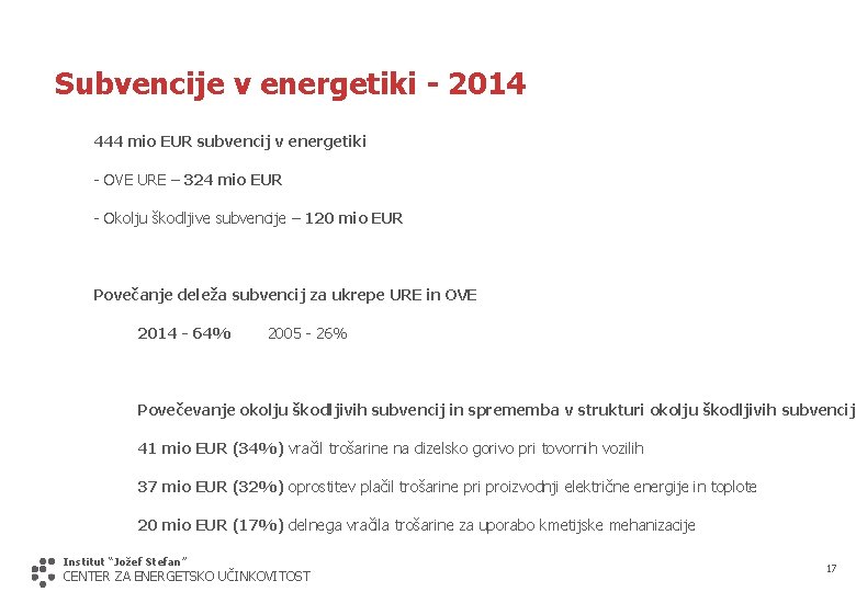 Subvencije v energetiki - 2014 444 mio EUR subvencij v energetiki - OVE URE