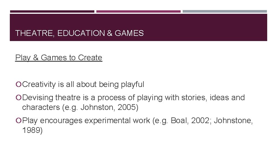 THEATRE, EDUCATION & GAMES Play & Games to Create Creativity is all about being