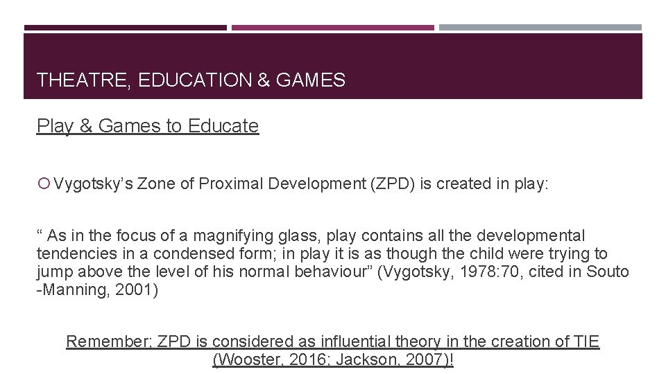 THEATRE, EDUCATION & GAMES Play & Games to Educate Vygotsky’s Zone of Proximal Development