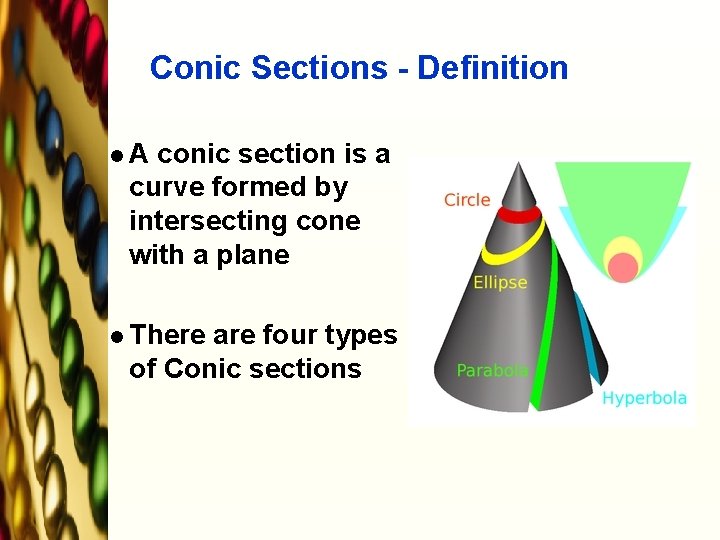 Conic Sections - Definition l. A conic section is a curve formed by intersecting