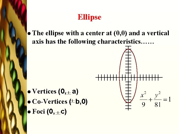 Ellipse l The ellipse with a center at (0, 0) and a vertical axis