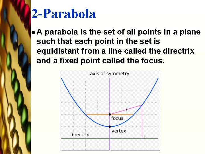 2 -Parabola l. A parabola is the set of all points in a plane