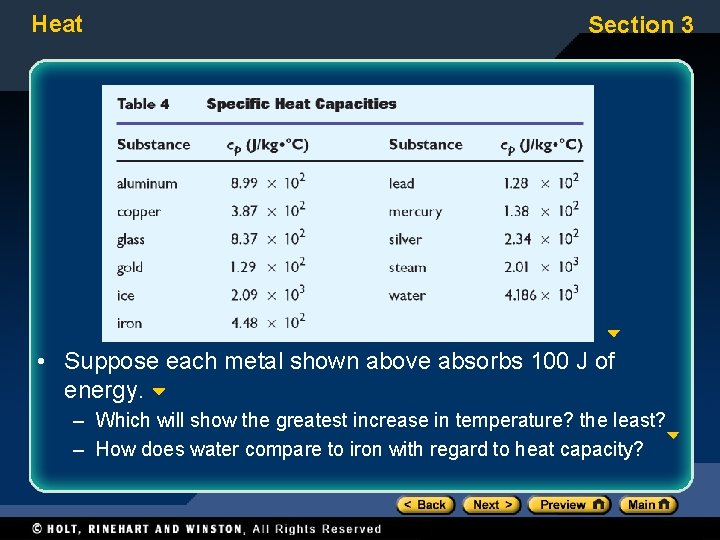 Heat Section 3 • Suppose each metal shown above absorbs 100 J of energy.