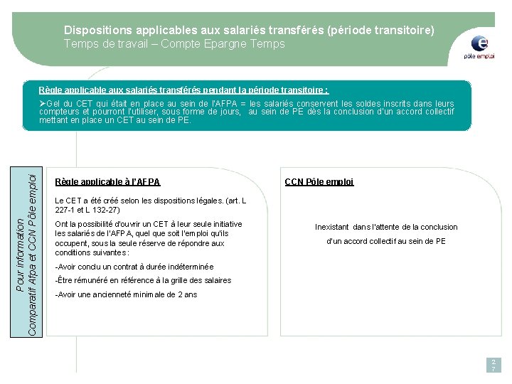 Dispositions applicables aux salariés transférés (période transitoire) Temps de travail – Compte Epargne Temps