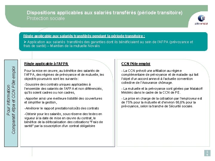 Dispositions applicables aux salariés transférés (période transitoire) Protection sociale Règle applicable aux salariés transférés