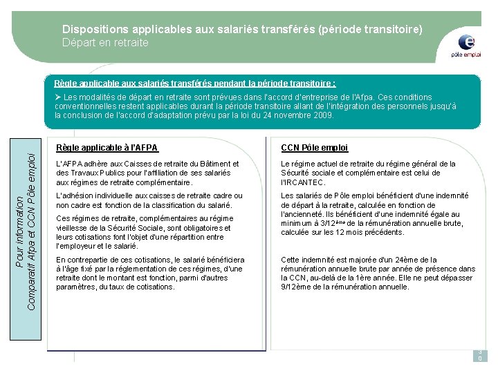 Dispositions applicables aux salariés transférés (période transitoire) Départ en retraite Règle applicable aux salariés