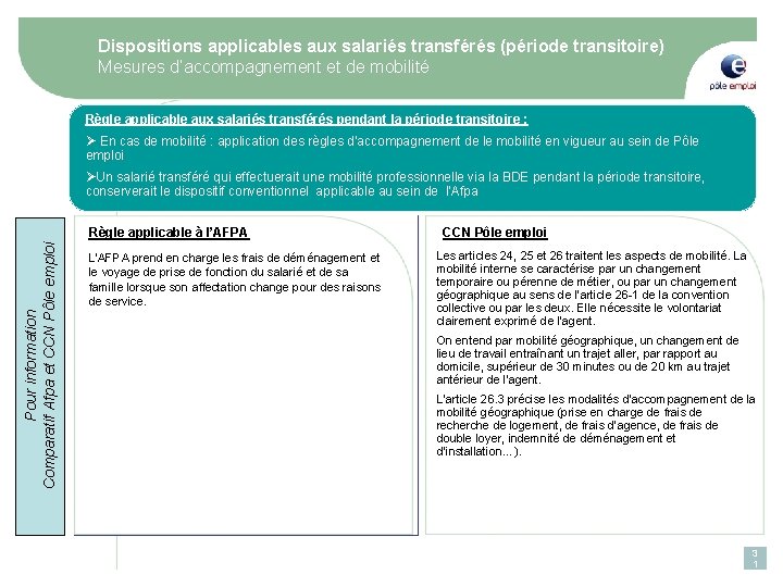 Dispositions applicables aux salariés transférés (période transitoire) Mesures d’accompagnement et de mobilité Règle applicable