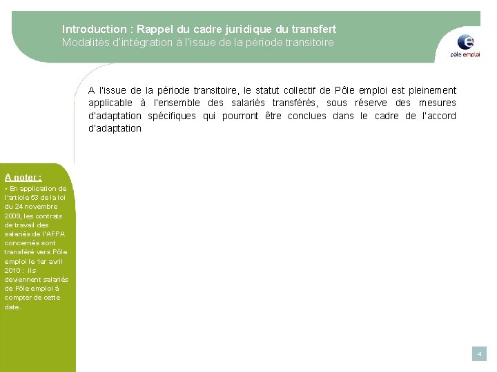 Introduction : Rappel du cadre juridique du transfert Modalités d’intégration à l’issue de la