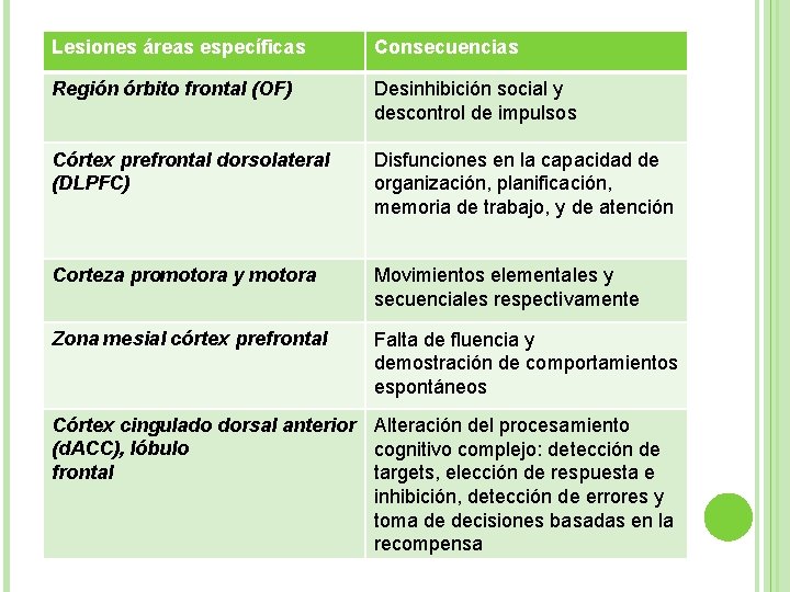 Lesiones áreas específicas Consecuencias Región órbito frontal (OF) Desinhibición social y descontrol de impulsos