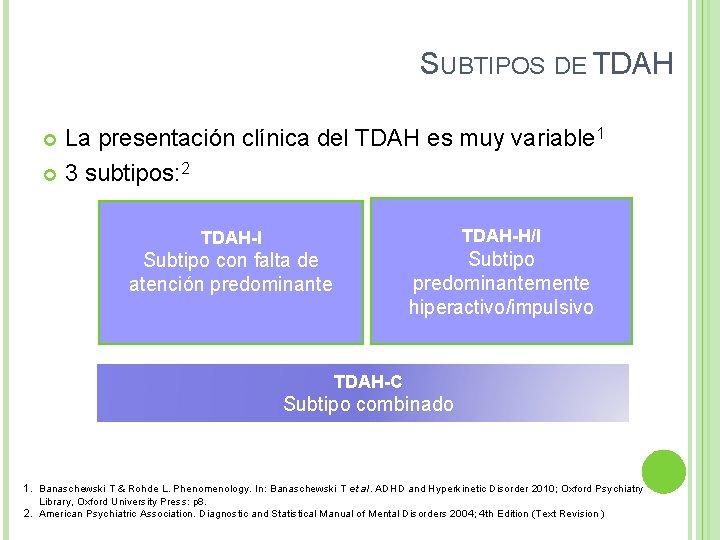 SUBTIPOS DE TDAH La presentación clínica del TDAH es muy variable 1 3 subtipos: