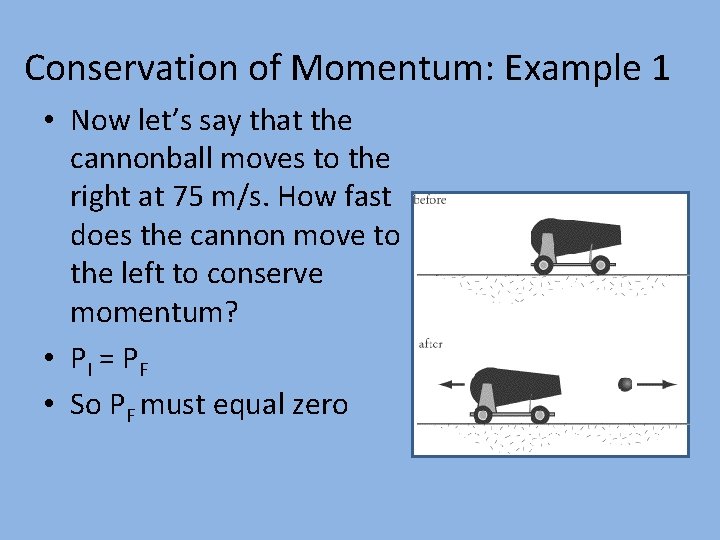 Conservation of Momentum: Example 1 • Now let’s say that the cannonball moves to
