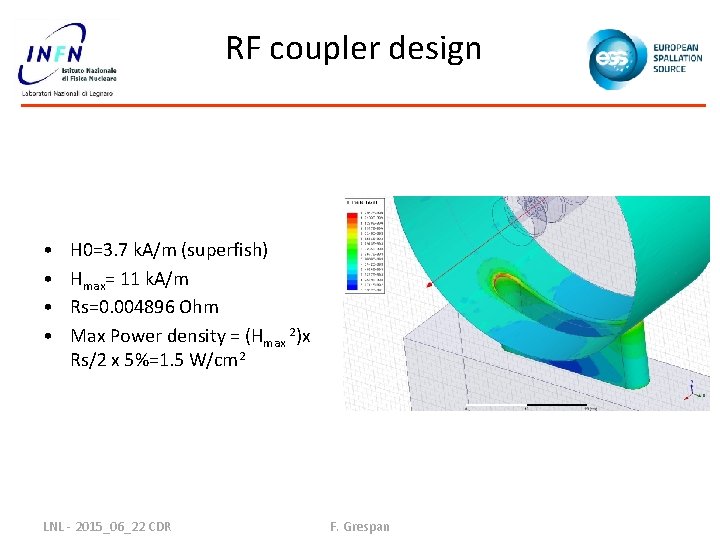 RF coupler design • • H 0=3. 7 k. A/m (superfish) Hmax= 11 k.