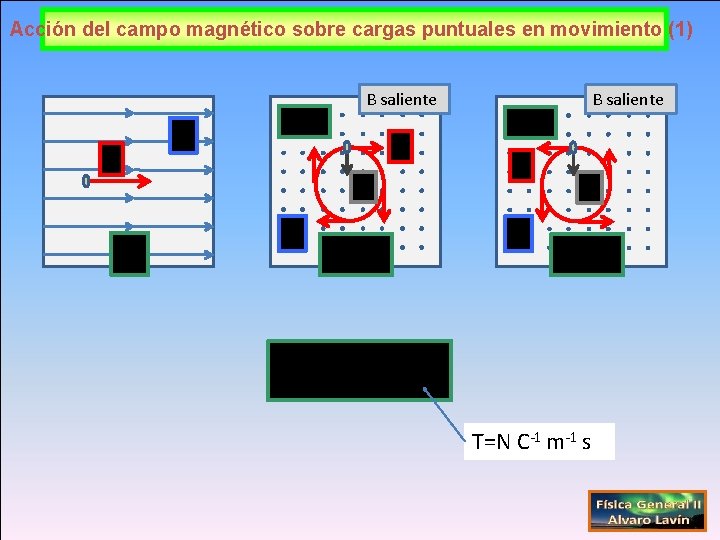 Acción del campo magnético sobre cargas puntuales en movimiento (1) B saliente T=N C-1