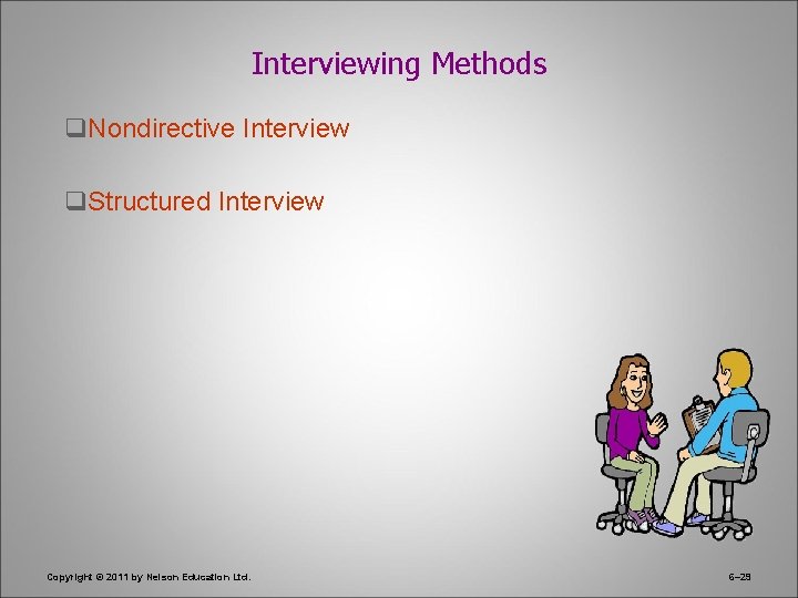 Interviewing Methods q. Nondirective Interview q. Structured Interview Copyright © 2011 by Nelson Education