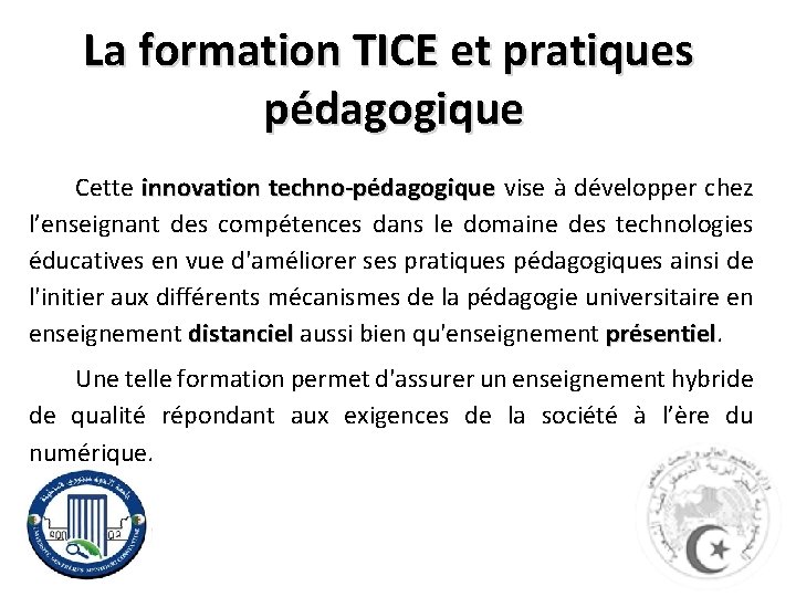 La formation TICE et pratiques pédagogique Cette innovation techno-pédagogique vise à développer chez l’enseignant