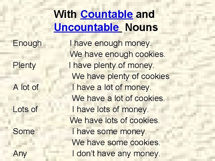 With Countable and Uncountable Nouns Enough Plenty A lot of Lots of Some Any