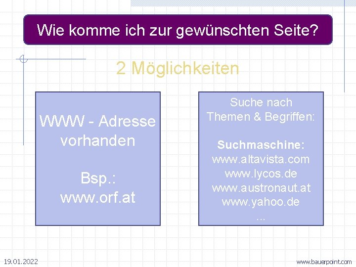 Wie komme ich zur gewünschten Seite? 2 Möglichkeiten WWW - Adresse vorhanden Bsp. :