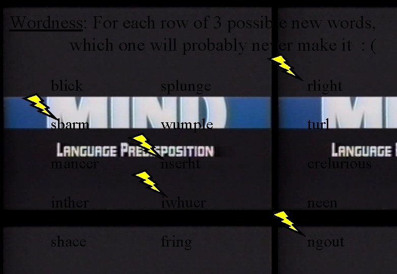 Wordness: For each row of 3 possible new words, which one will probably never