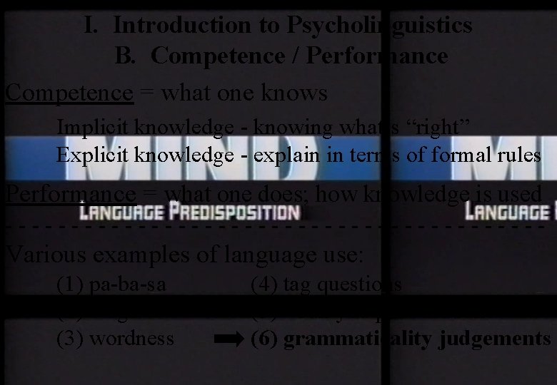 I. Introduction to Psycholinguistics B. Competence / Performance Competence = what one knows Implicit