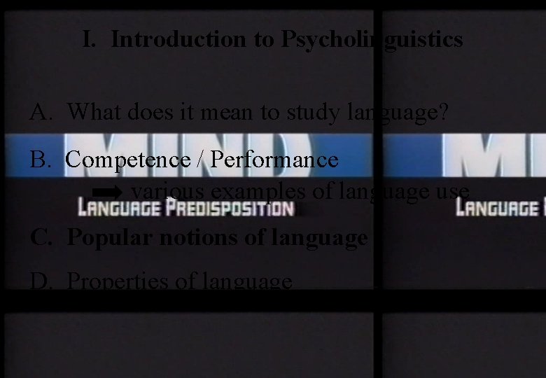 I. Introduction to Psycholinguistics A. What does it mean to study language? B. Competence