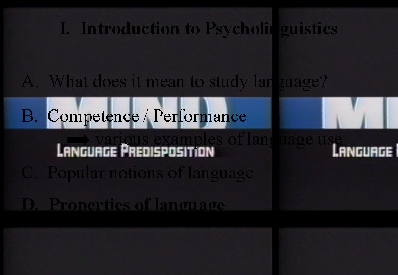 I. Introduction to Psycholinguistics A. What does it mean to study language? B. Competence