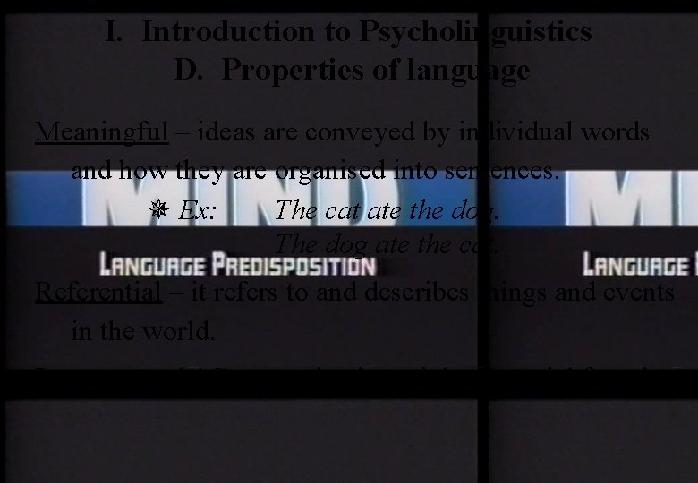 I. Introduction to Psycholinguistics D. Properties of language Meaningful – ideas are conveyed by