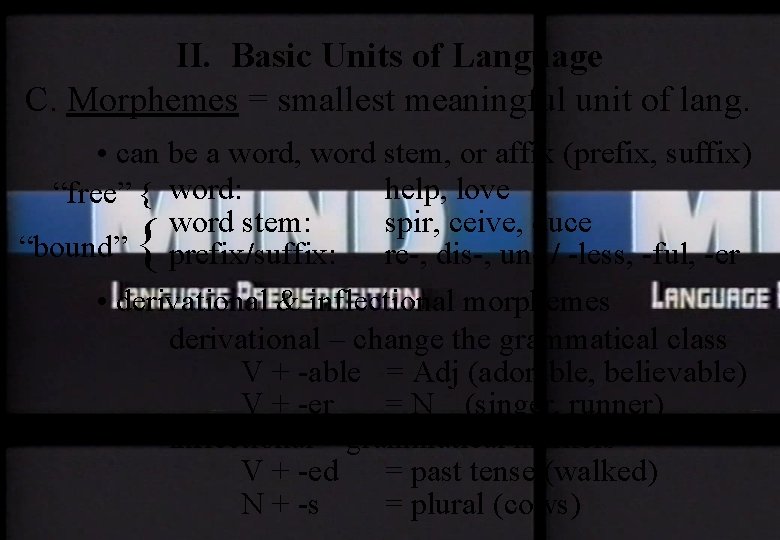 II. Basic Units of Language C. Morphemes = smallest meaningful unit of lang. •