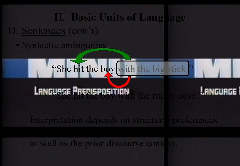 II. Basic Units of Language D. Sentences (con’t) • Syntactic ambiguities “She hit the