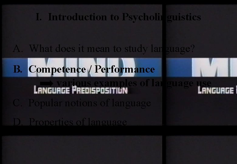 I. Introduction to Psycholinguistics A. What does it mean to study language? B. Competence