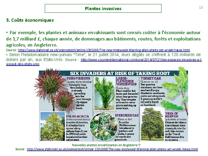 Plantes invasives 13 3. Coûts économiques • Par exemple, les plantes et animaux envahissants