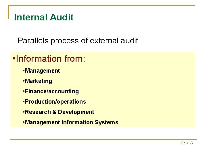 Internal Audit Parallels process of external audit • Information from: • Management • Marketing