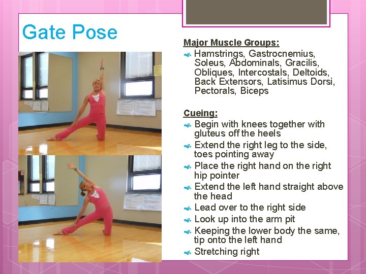 Gate Pose Major Muscle Groups: Hamstrings, Gastrocnemius, Soleus, Abdominals, Gracilis, Obliques, Intercostals, Deltoids, Back