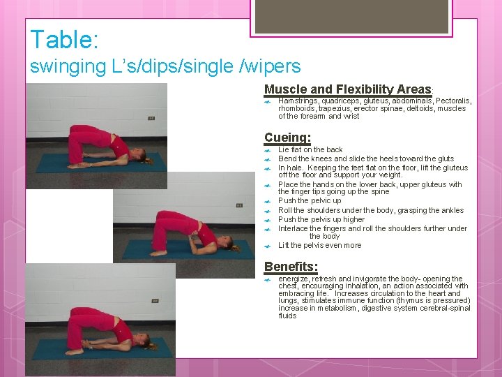 Table: swinging L’s/dips/single /wipers Muscle and Flexibility Areas: Hamstrings, quadriceps, gluteus, abdominals, Pectoralis, rhomboids,
