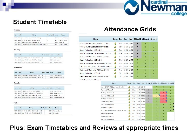 Student Timetable Attendance Grids Plus: Exam Timetables and Reviews at appropriate times 